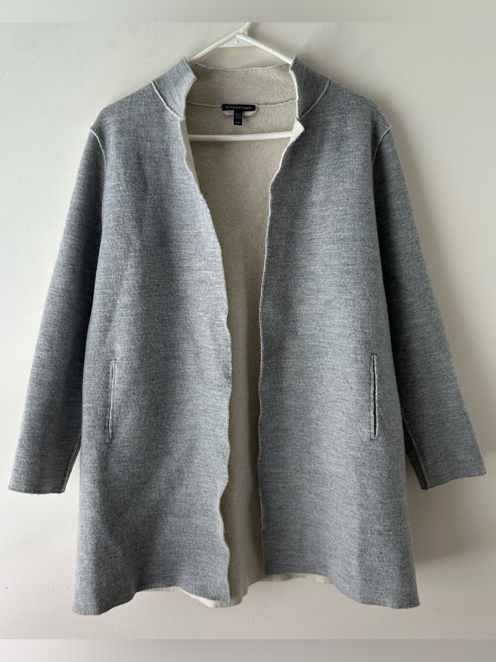 Eileen Fisher Merino Wool Blend Sweater Long Cardigan Jacket Blazer Grey M